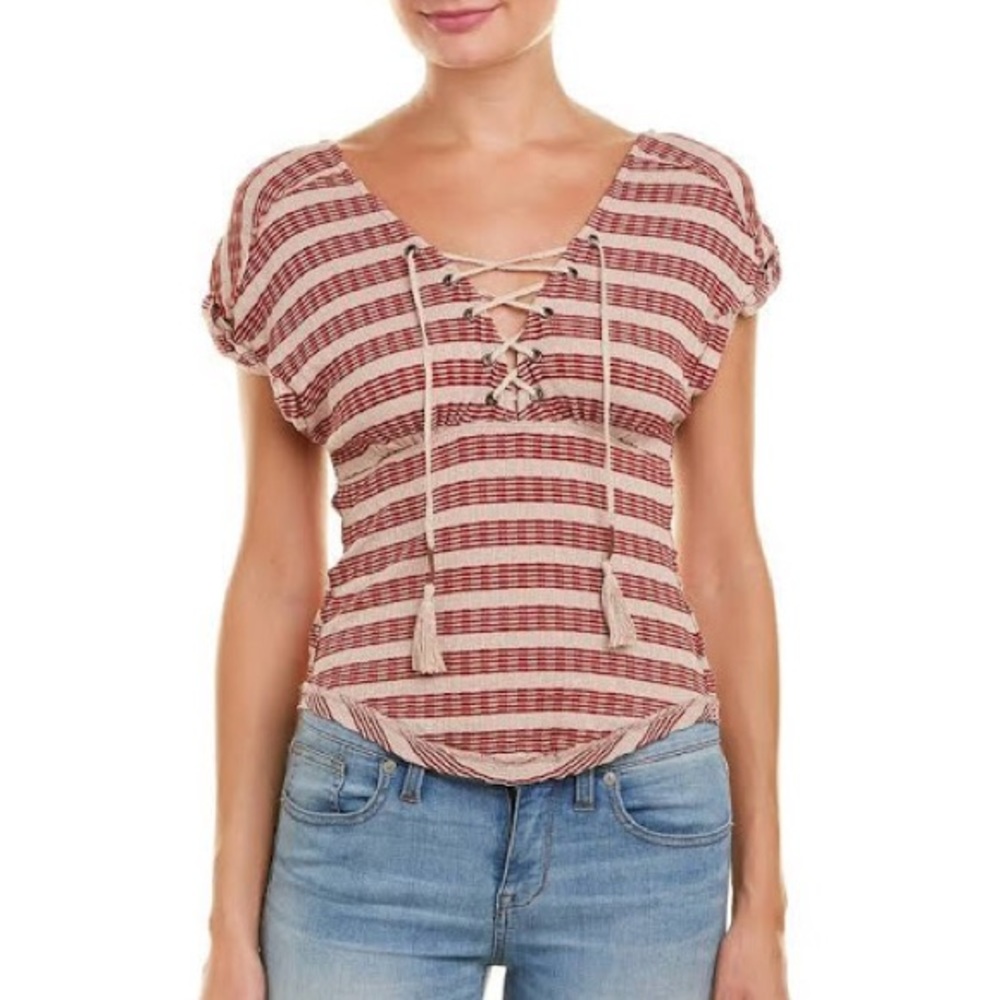 FREE PEOPLE We The Free Lace Up Stripe Top XS